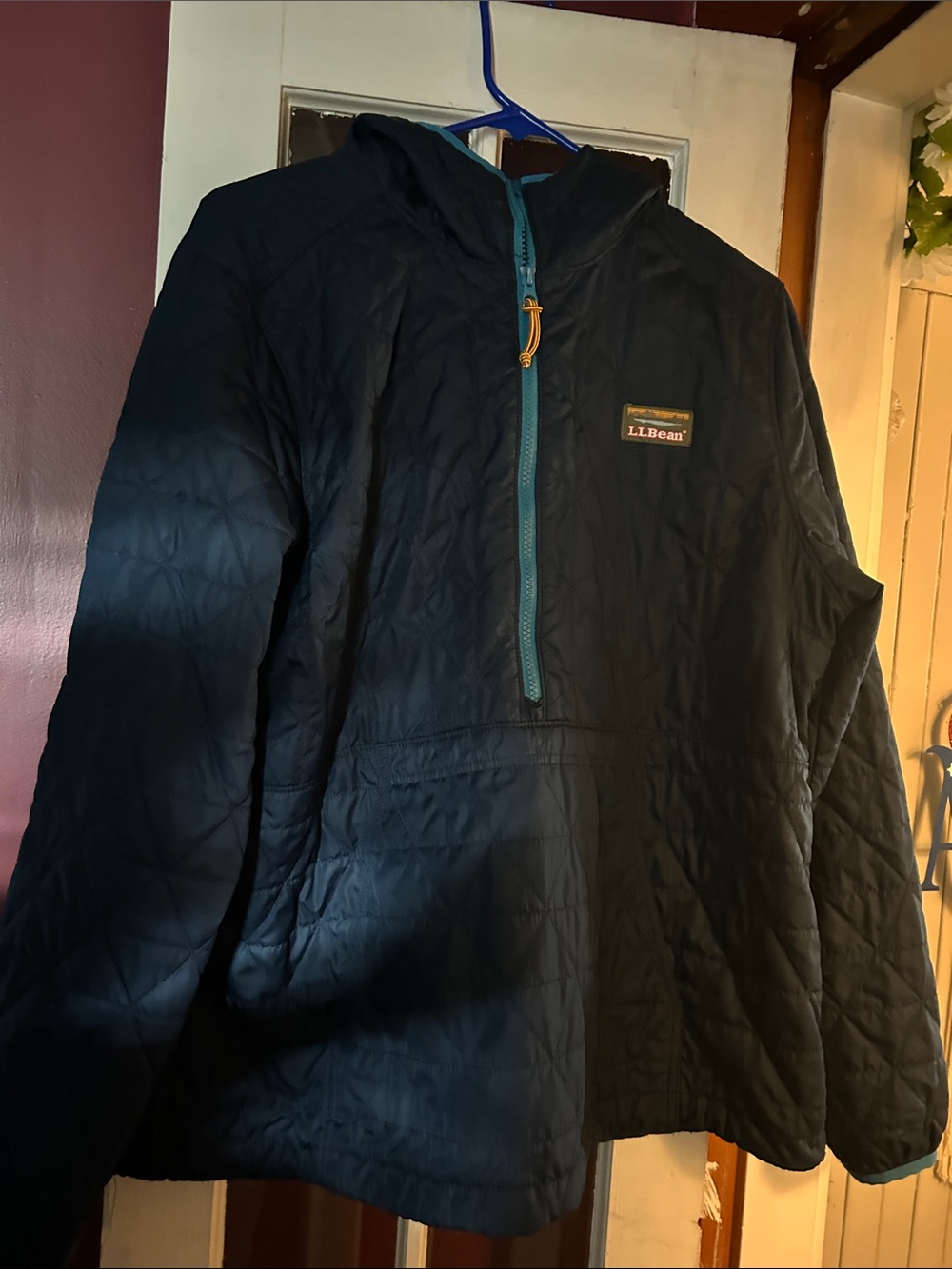 L.L. Bean Navy Quilted Hooded Pullover with Teal Half-Zip